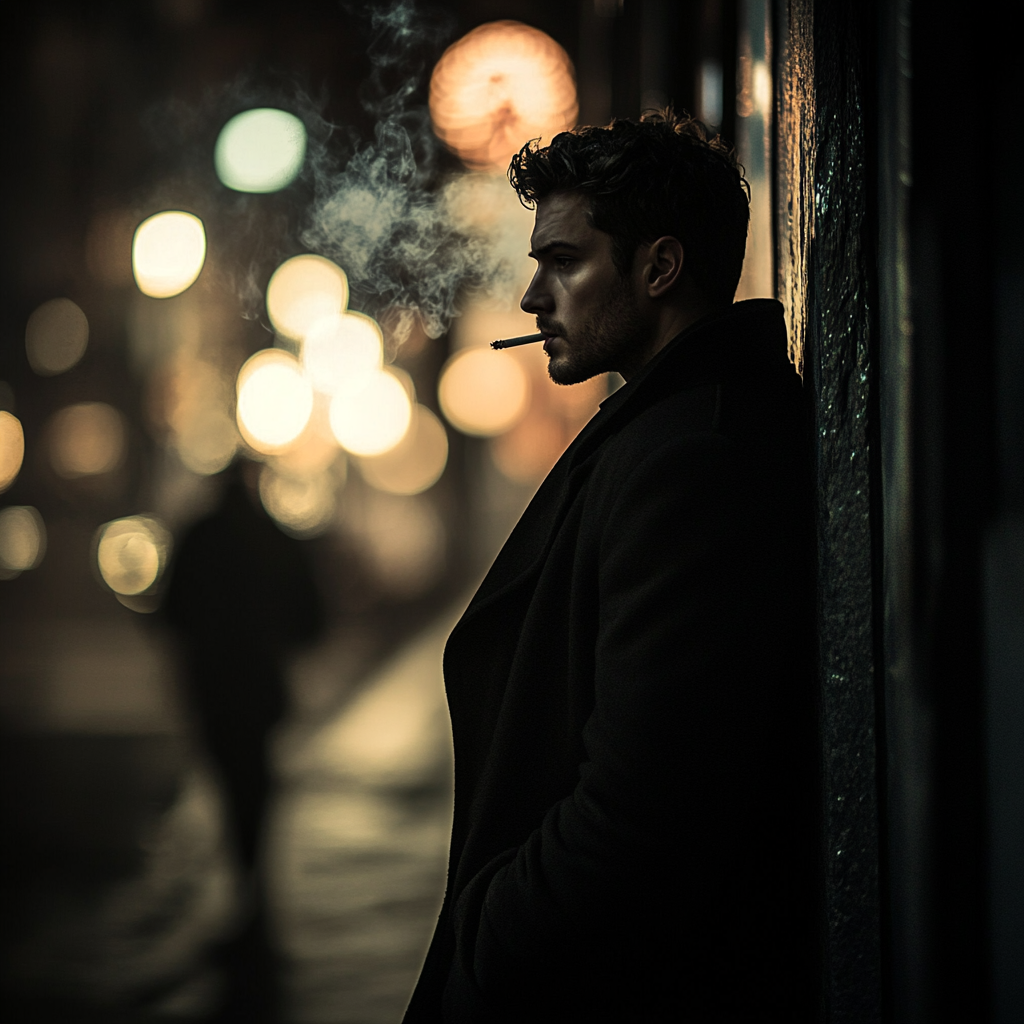 Young CIA agent spies on street while smoking.