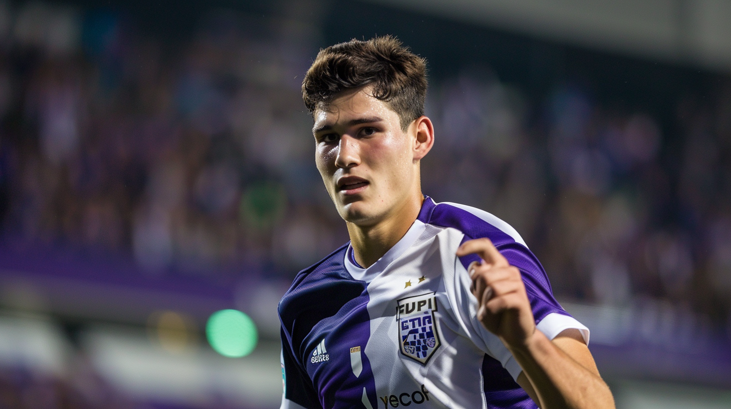 Young Canadian defender in Fiorentina jersey blocks opponent.