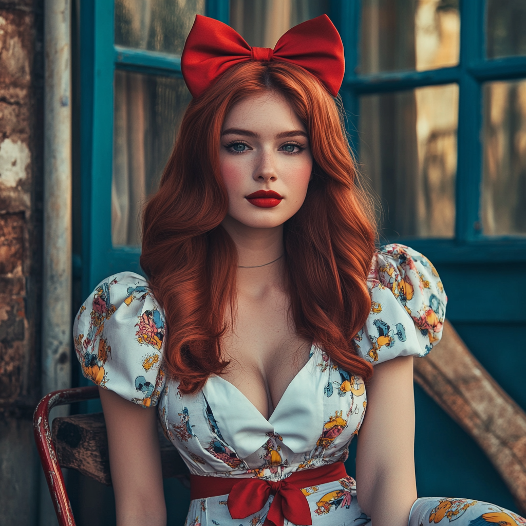 Young Caucasian woman in 90s Disney vintage dress.