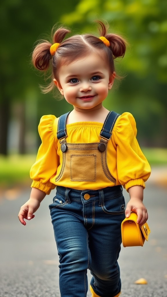 Young Child in Stylish Outfit Walking in Park.