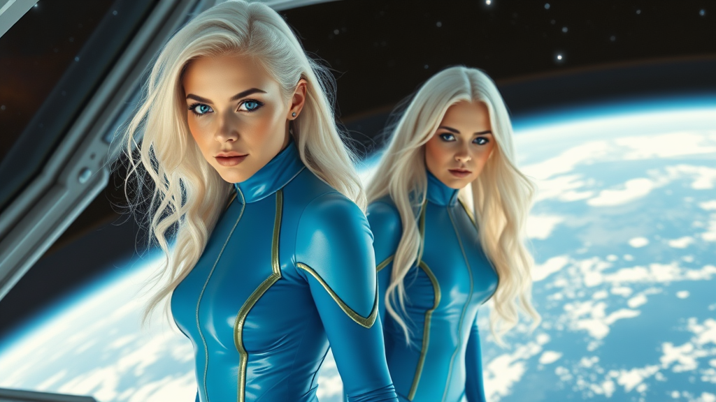 Young Crew in Blue on Earth-Orbiting Starship