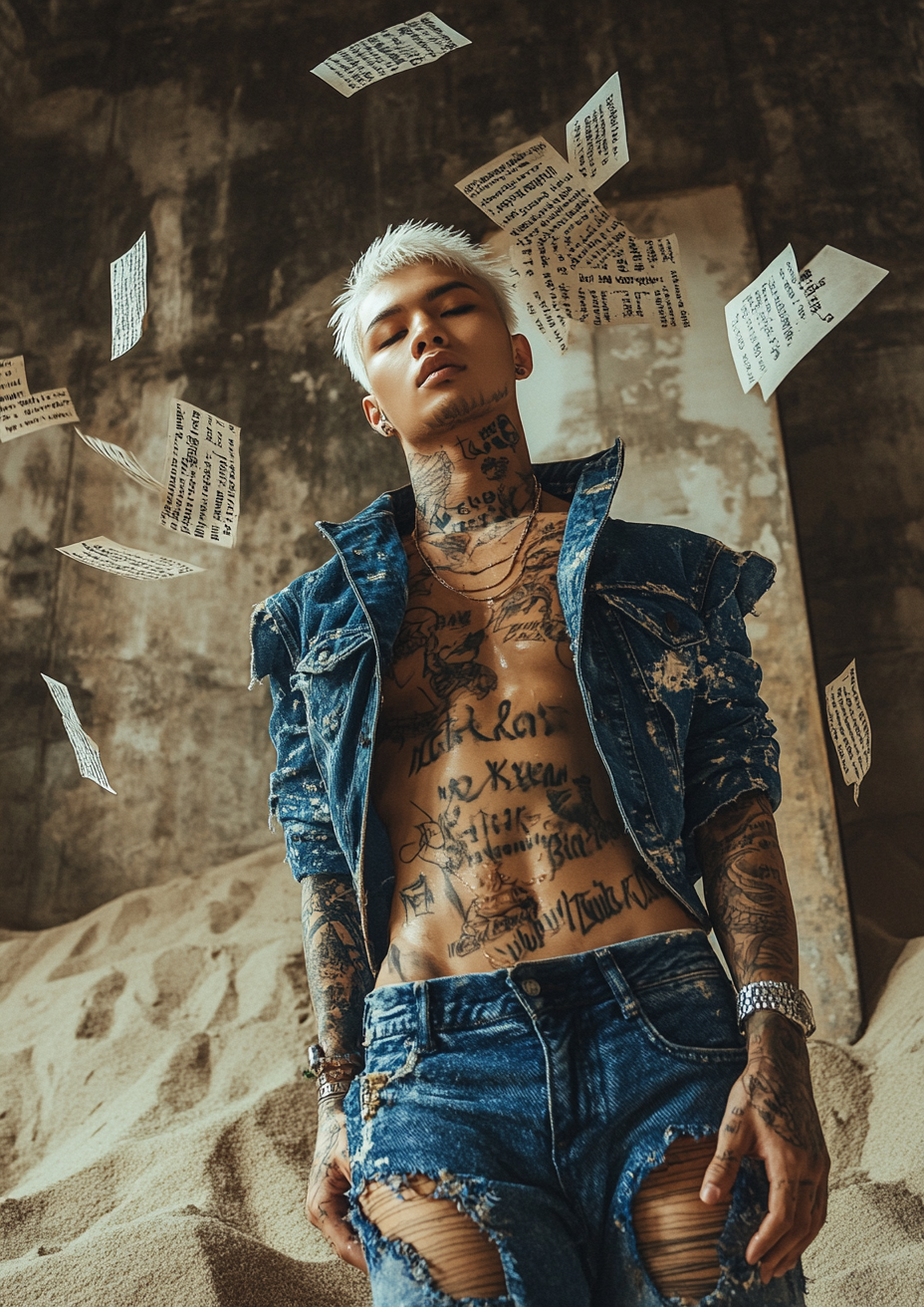 Young Filipino man with tattoos, notebook letters fall