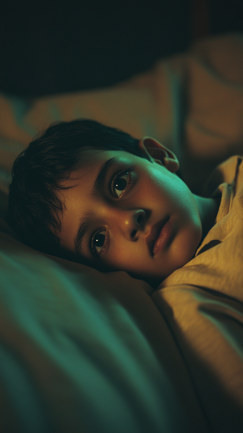 Young Hispanic kid staring wide-eyed in dark bedroom.