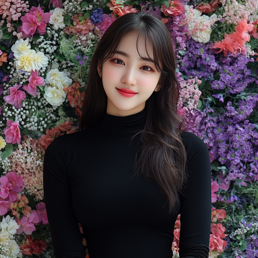 Young Indonesian Girl Smiling with Flowers Background