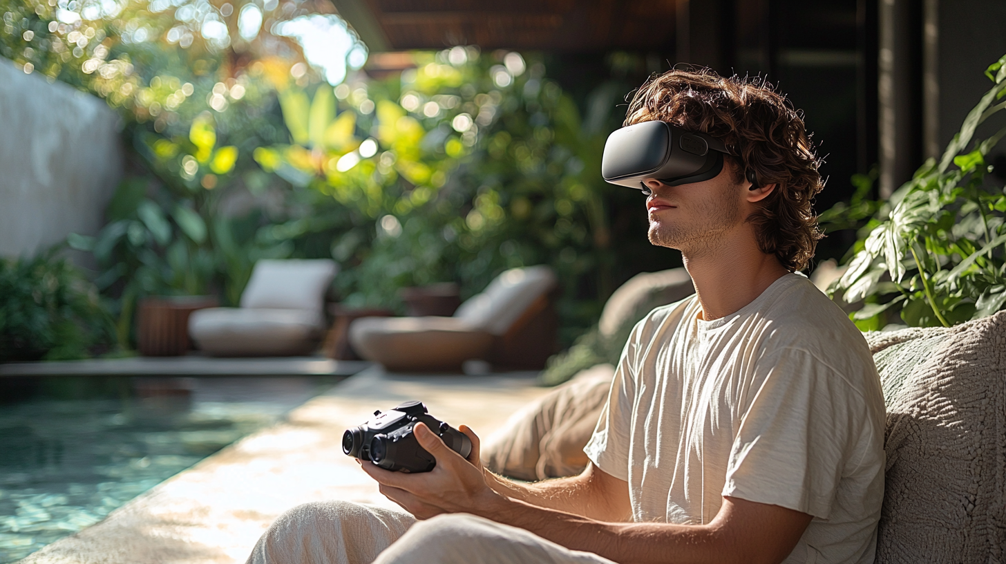 Young Italian man in DJI Goggles focuses on filming luxe Airbnb, surrounded by greenery and modern decor.