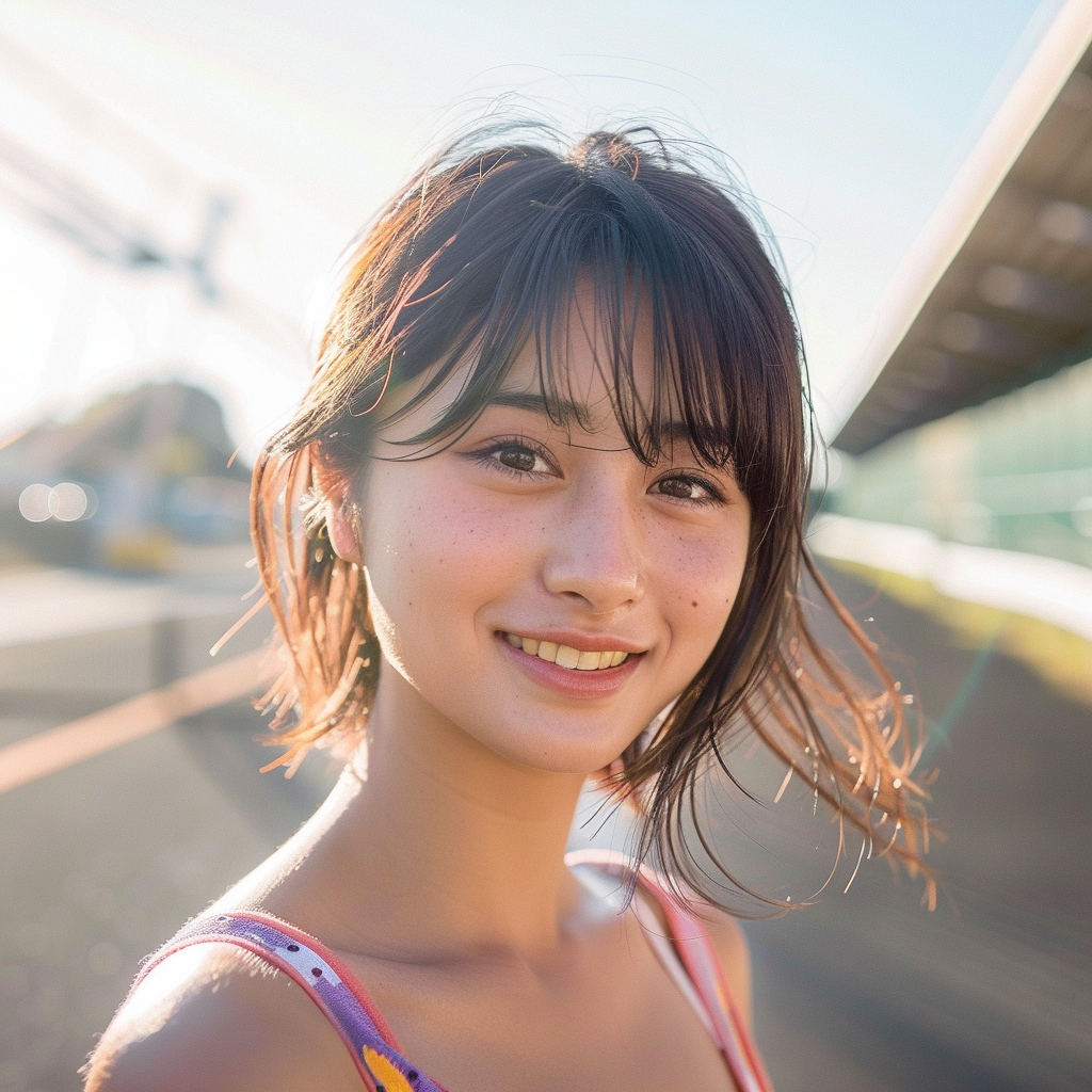 Young Japanese Woman Smiling at Racetrack Entrance