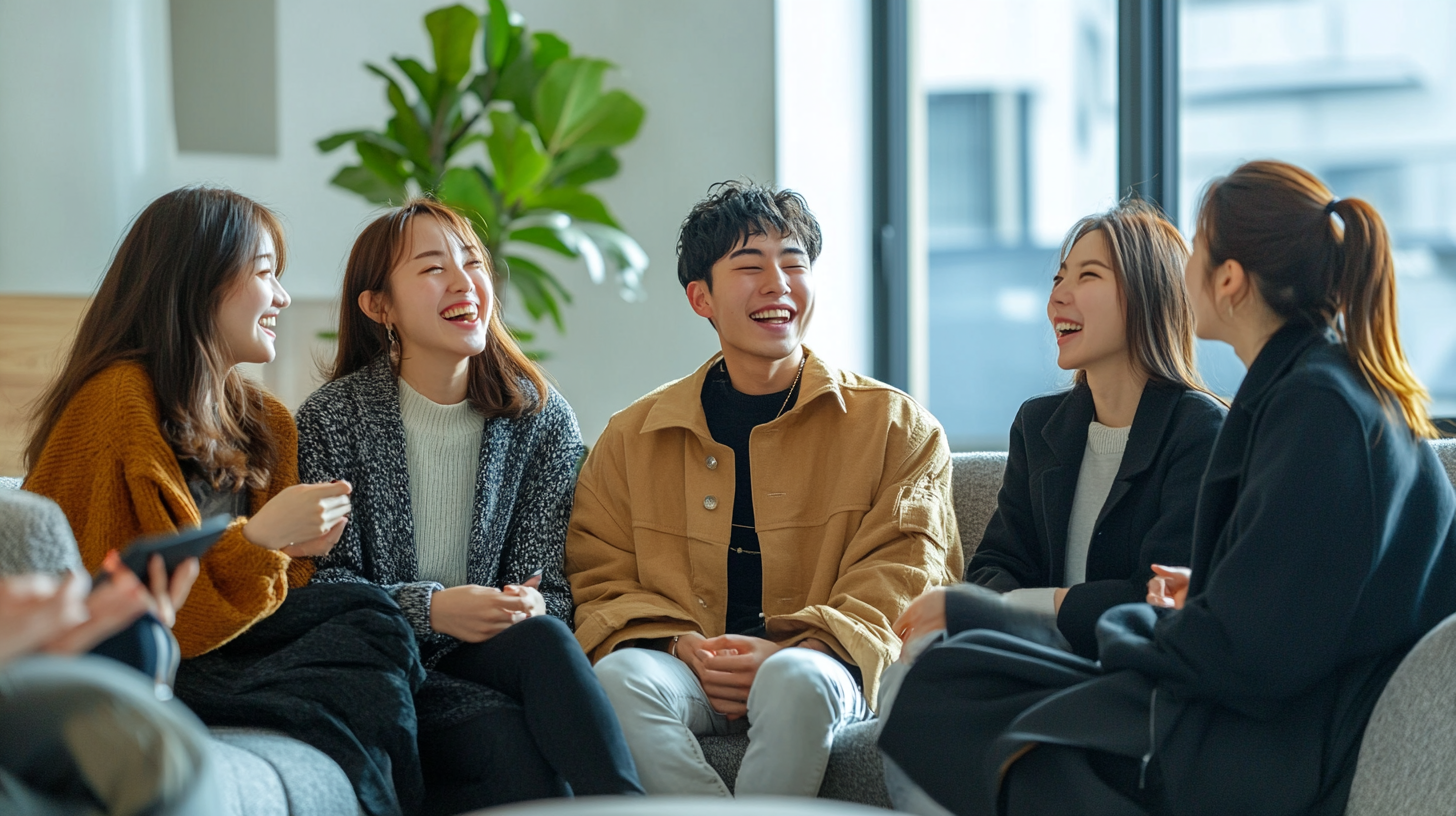 Young Japanese group chatting joyfully on stylish sofa.