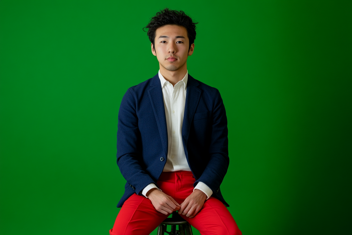 Young Japanese man in navy blazer sitting on stool.