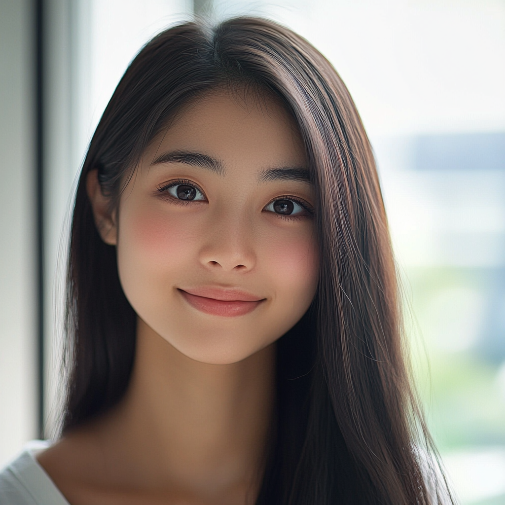 Young Japanese woman in bright room with natural smile.