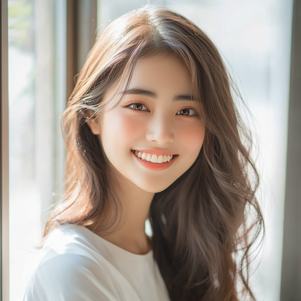 Young Japanese woman in bright room with smile.