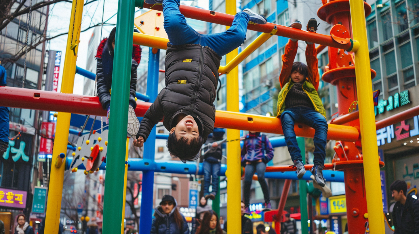 Young Korean adults play on colorful jungle gym