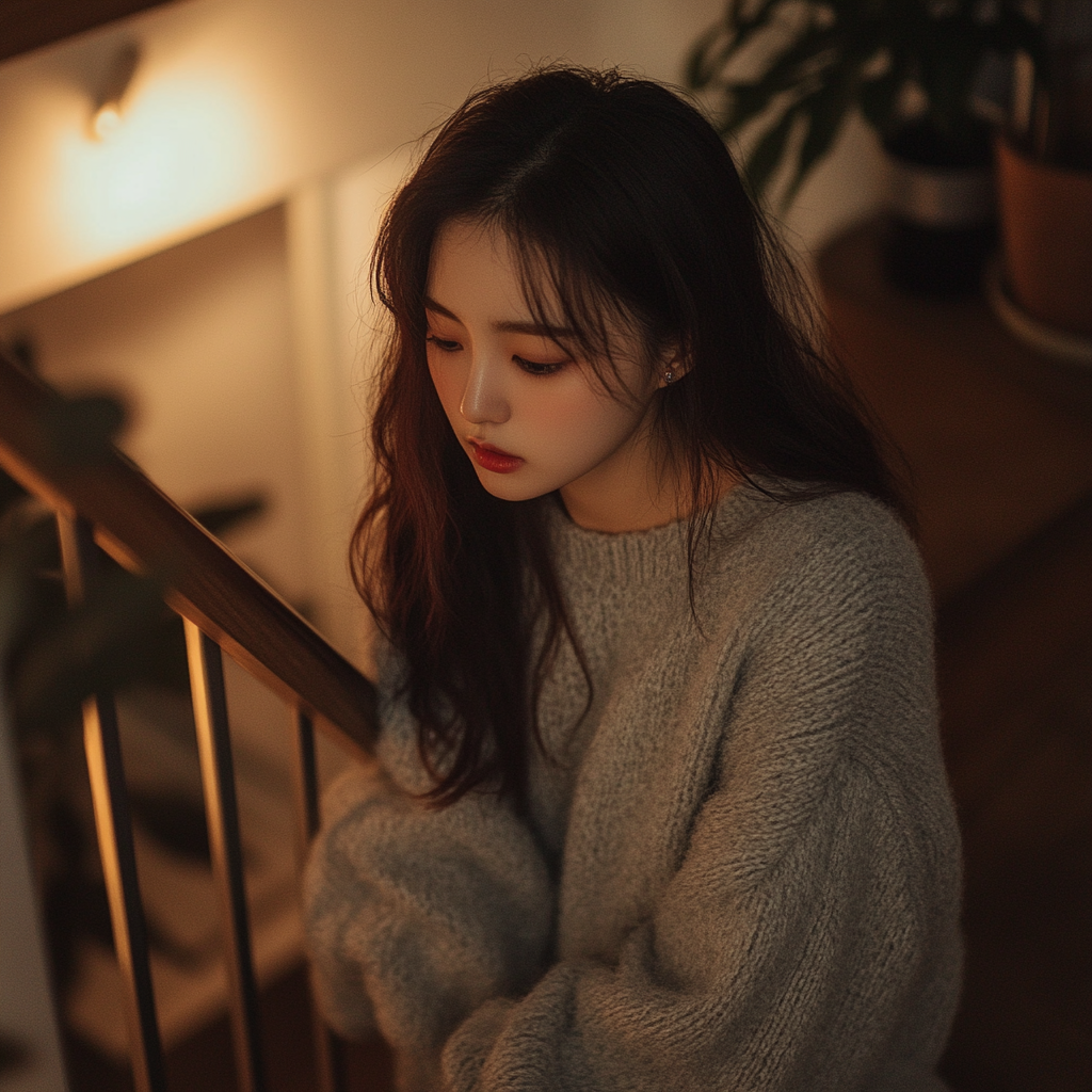 Young Korean girl in gray sweater climbing stairs indoors.