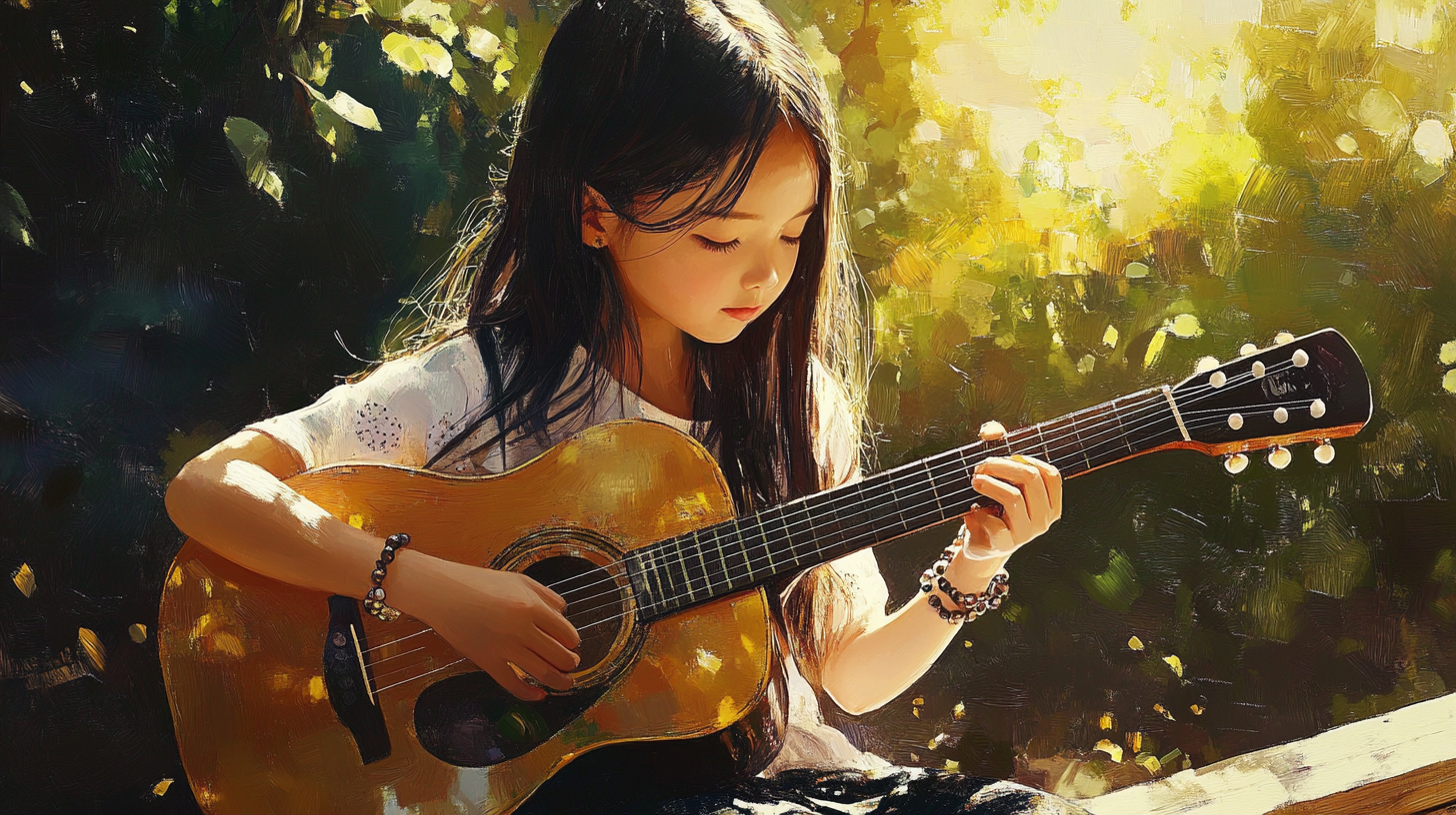 Young Korean girl playing guitar in peaceful park.