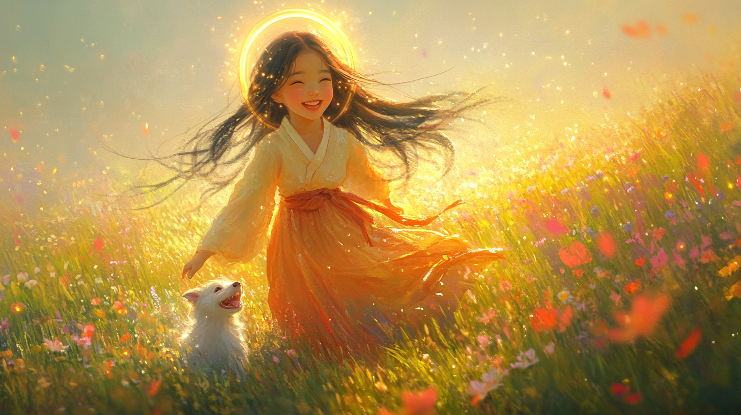 Young Korean girl with dog in serene field.