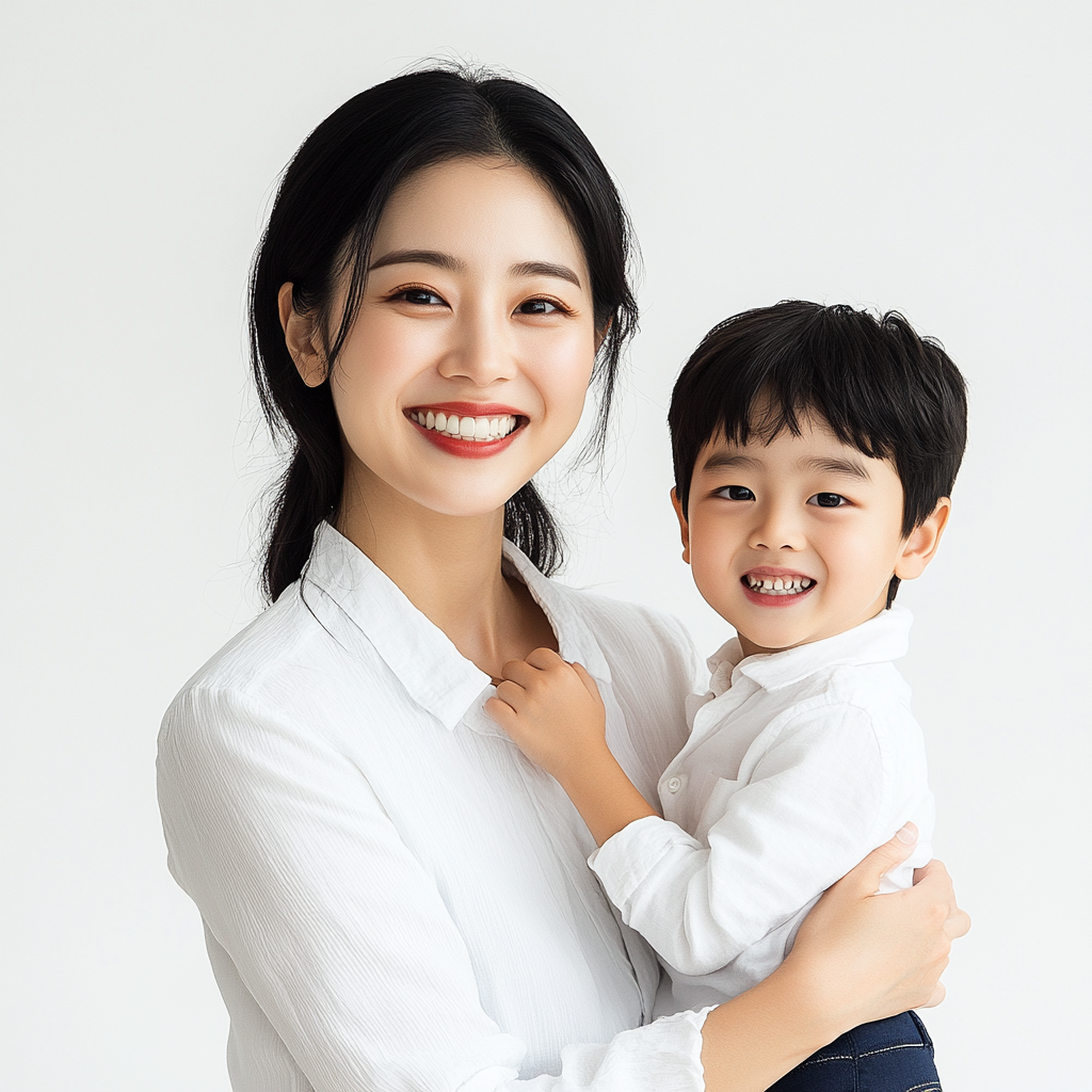 Young Korean woman, confident smile, white background, with son.