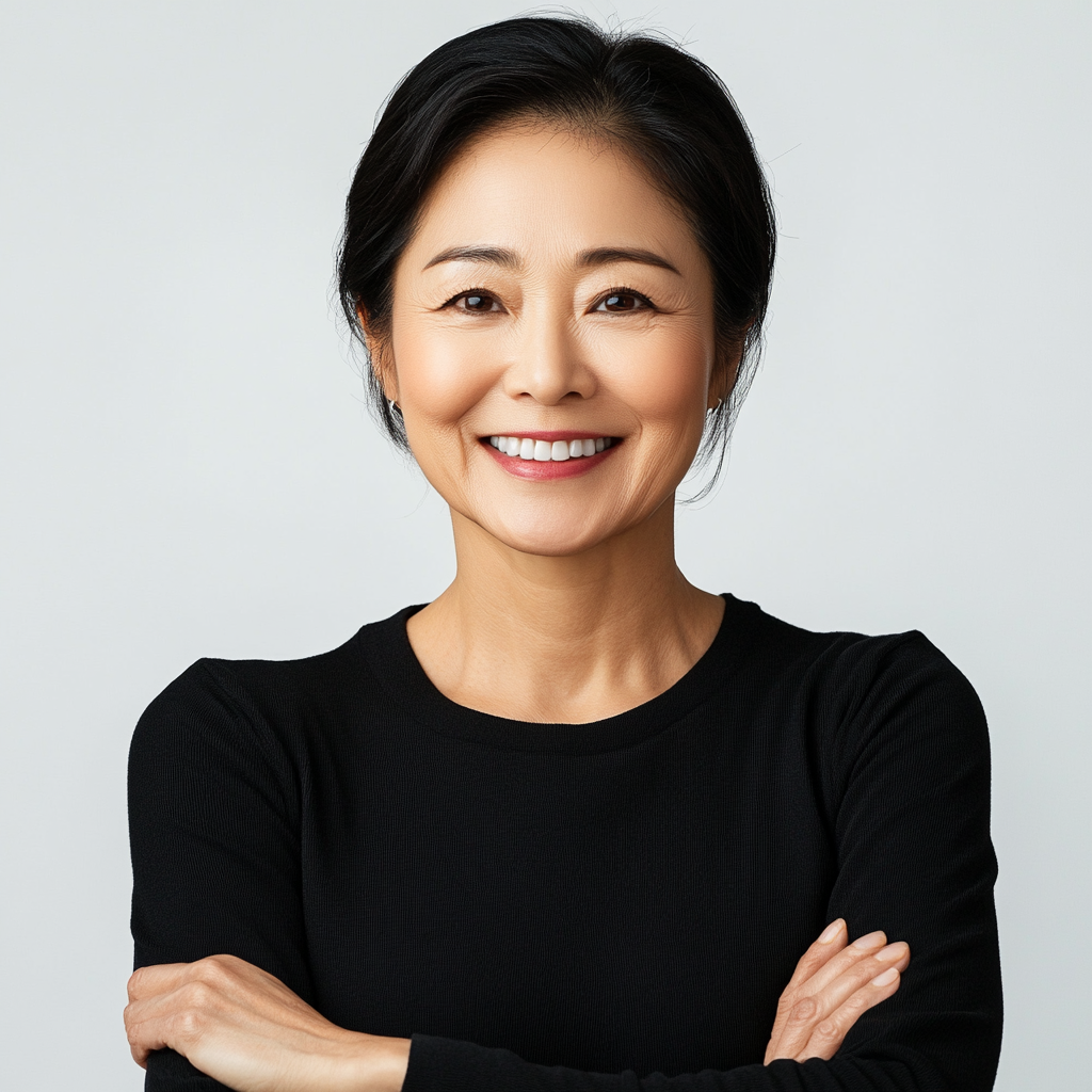 Young Korean woman in 50s, confident with white teeth.