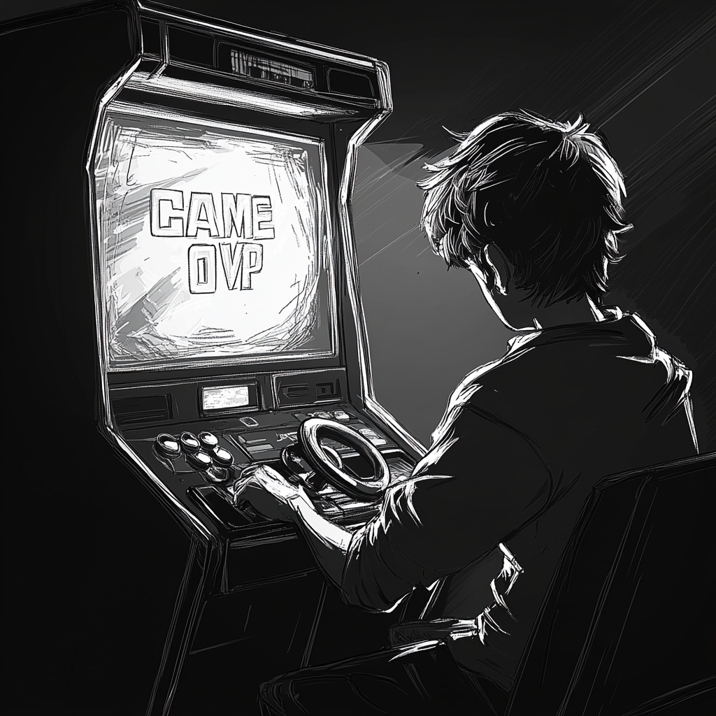 Young Man Playing Racing Game at Arcade