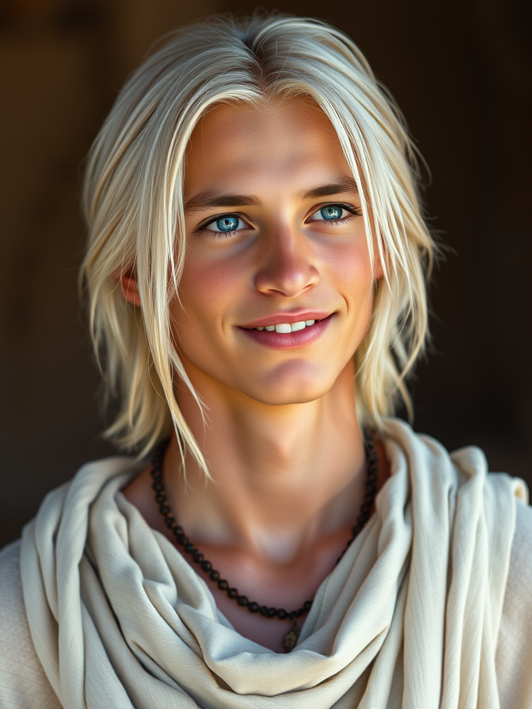 Young Man with Long Blonde Hair in White Tunic
