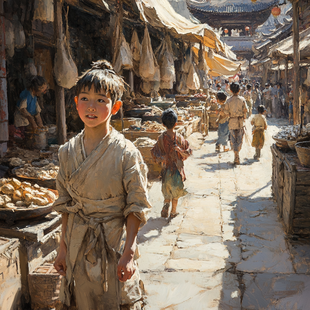 Young Mencius in marketplace, mimicking vendors with children, sunlight.