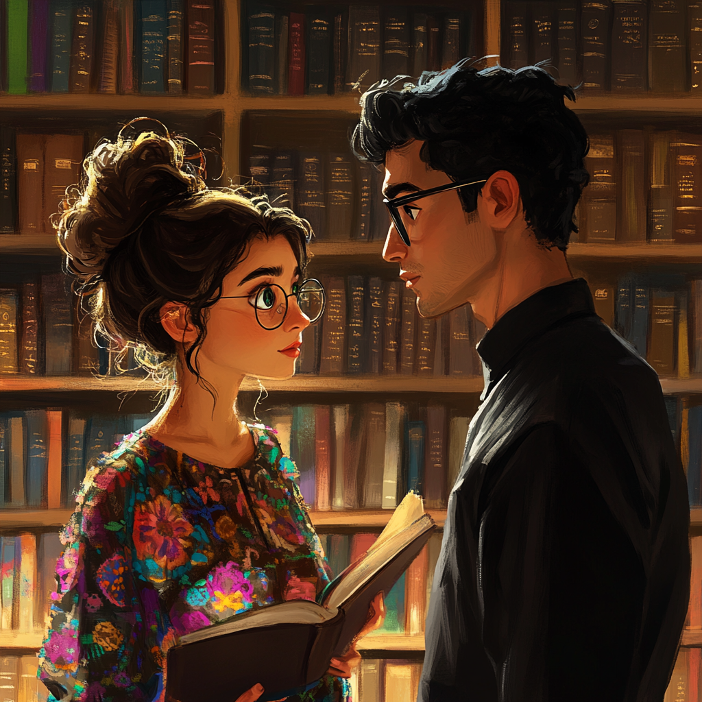 Young Mexican woman in library looks at stylish man.