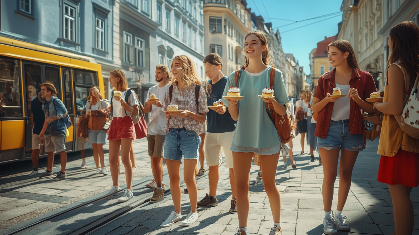 Young People Enjoying Cake at Linz Square.