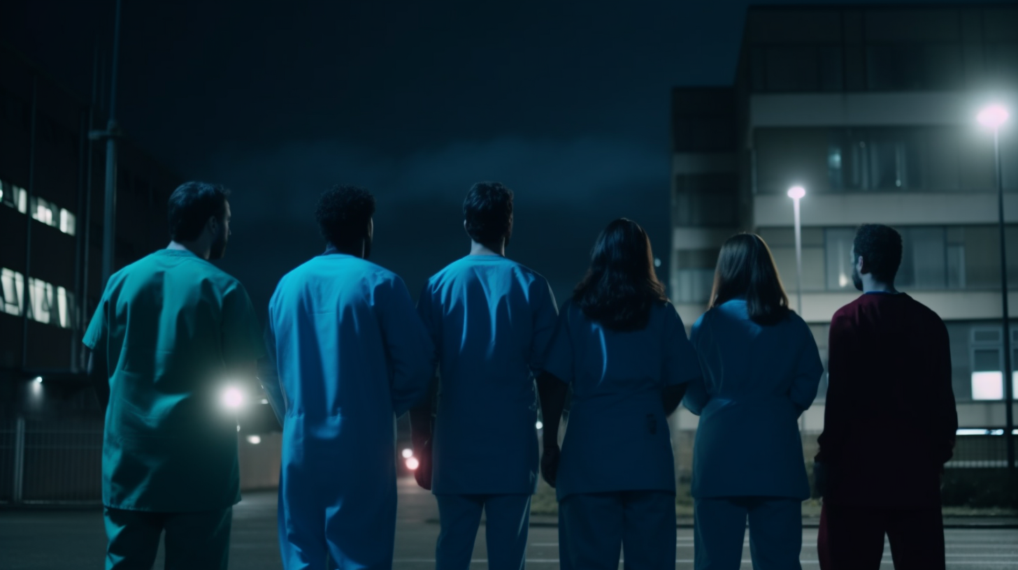 Young People Waiting Outside Hospital at Night