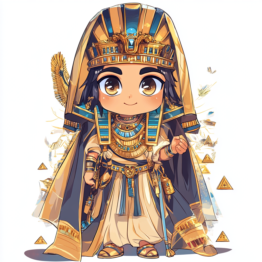 Young Pharaoh Khufu in luxurious robe, cheerful expression