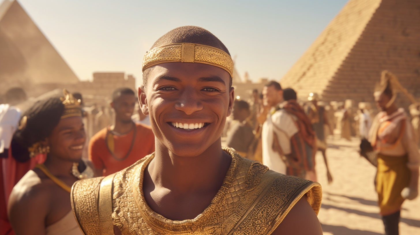 Young Pharaoh Khufu oversees pyramid construction.