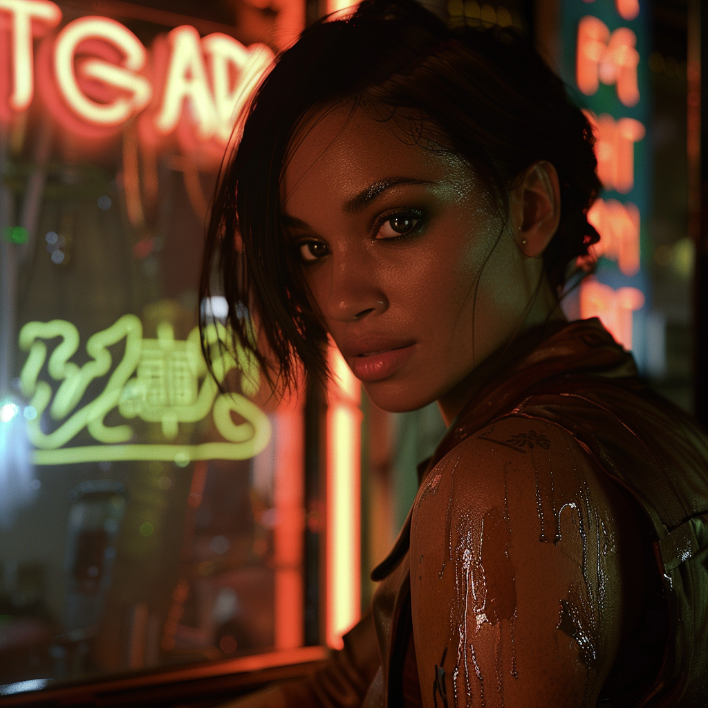 Young Rosario Dawson with short hair outside neon-lit bar.