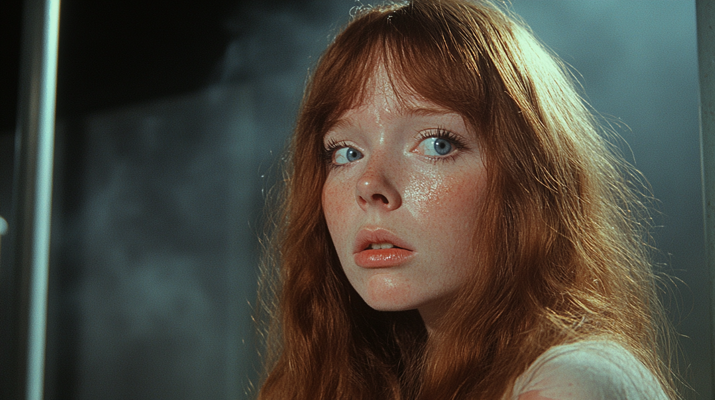 Young Sissy Spacek as Carrie in 1976, looking scared.