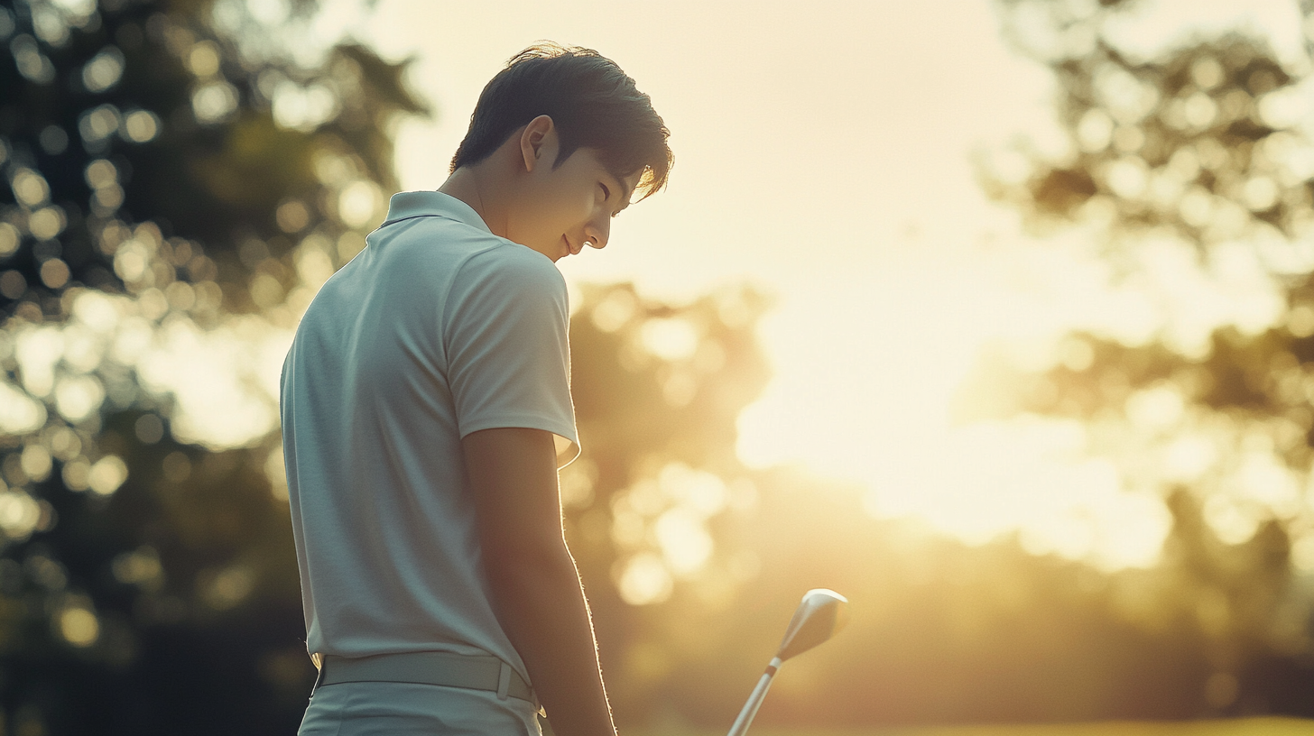 Young South Korean man starting golf, cinematic photography, 8K.