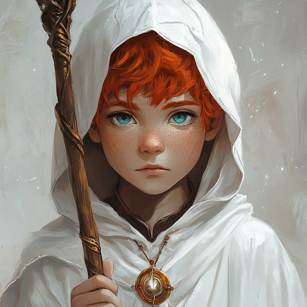 Young White Mage with magical staff and holy mark.