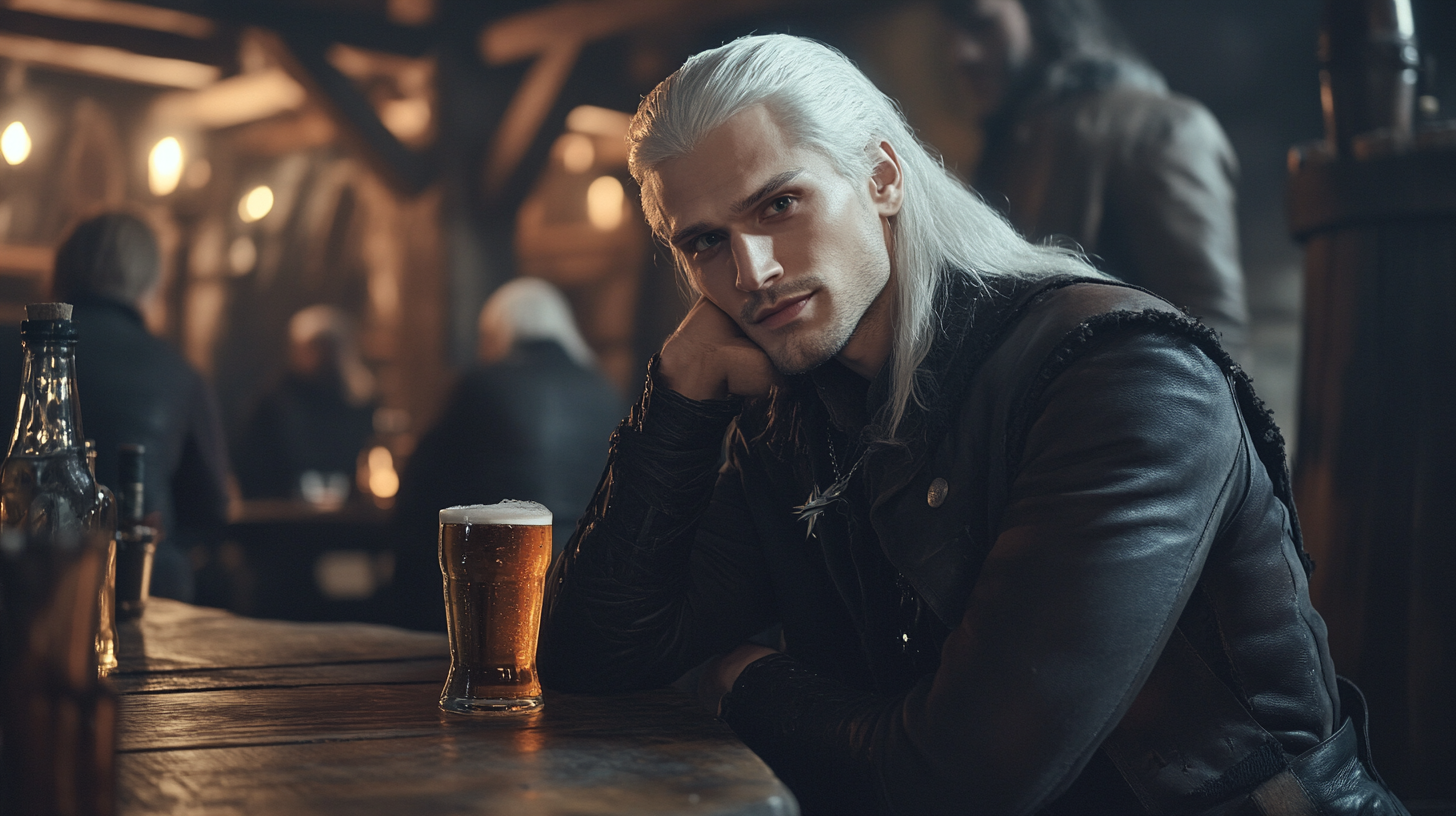 Young Witcher-like Man Enjoying Beer in Medieval Tavern