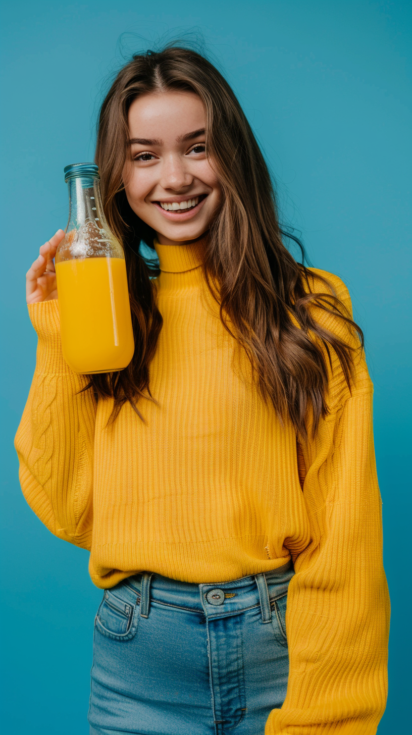 Young Woman Holding Juice on Blue Background