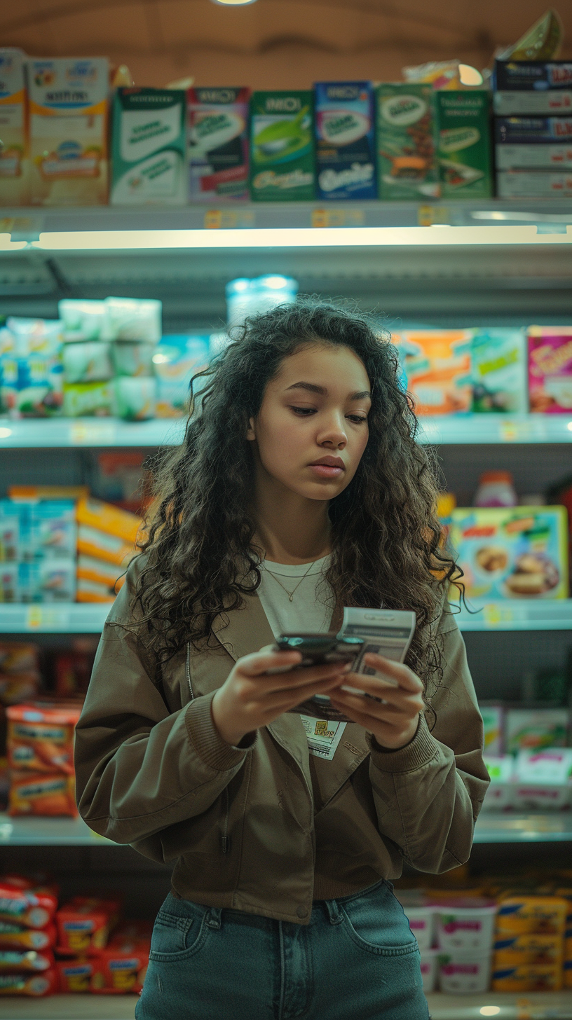 Young Woman Reading Product Label in Supermarket Aisle