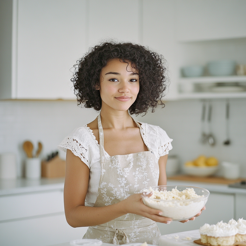 Young Woman in Modern Kitchen Baking Cake