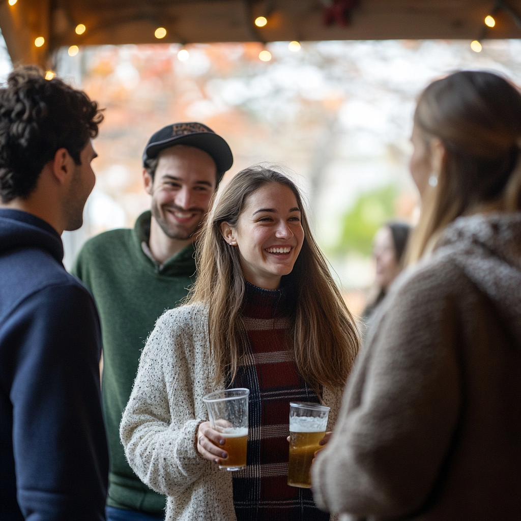 Young adults celebrate at holiday darty, indoor court.