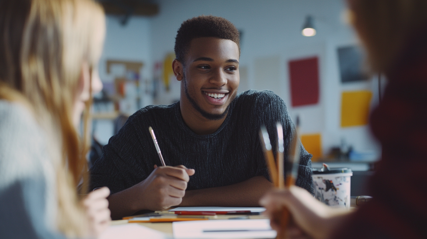 Young adults drawing and smiling in art room.