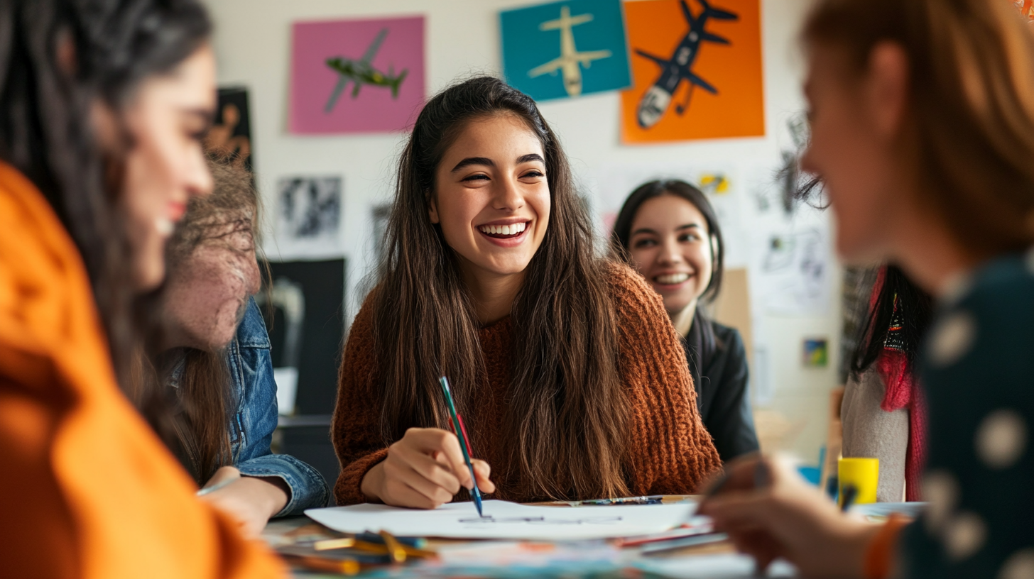 Young adults in art room draw and smile. Helicopters, ambulance crew pictures. Art supplies around. Happy, warm.