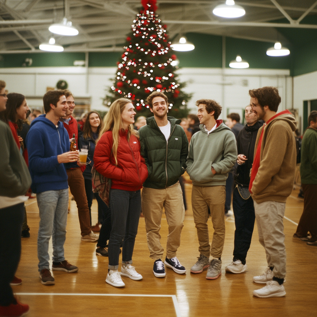 Young adults play pickleball at festive holiday party.