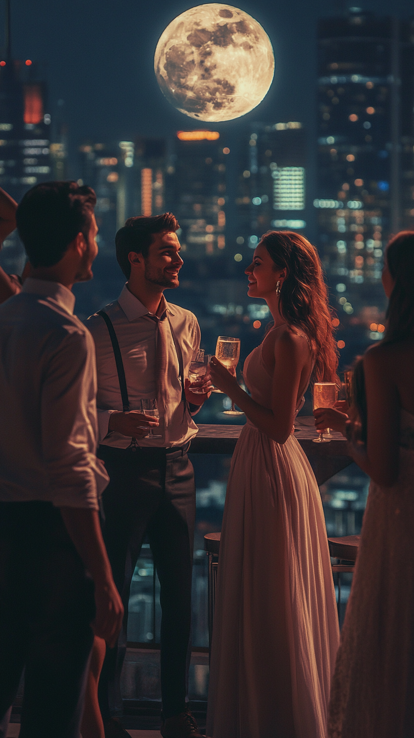 Young adults socializing on upscale rooftop terrace at night.