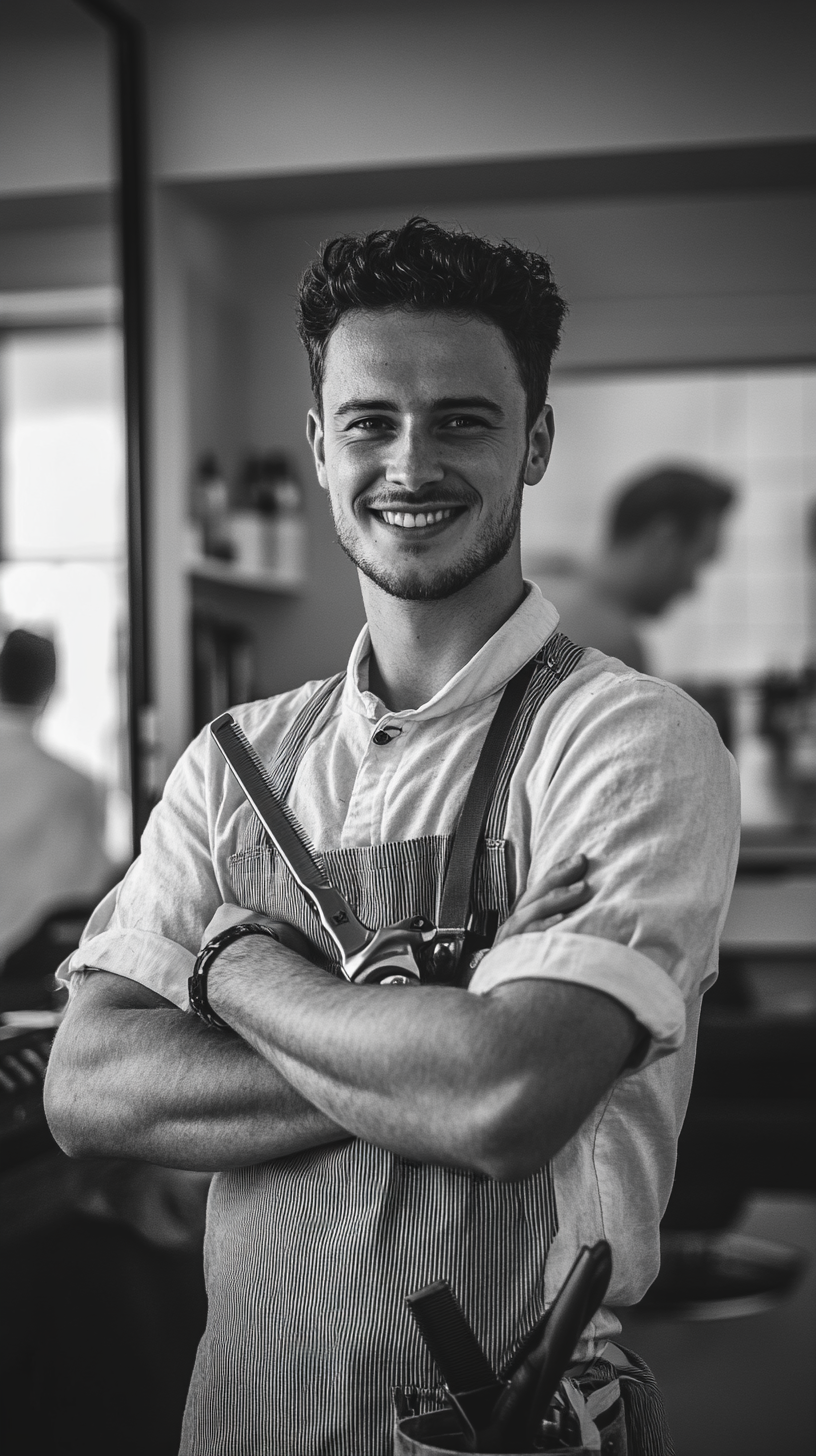 Young barber smiling holding clippers, man in chair.