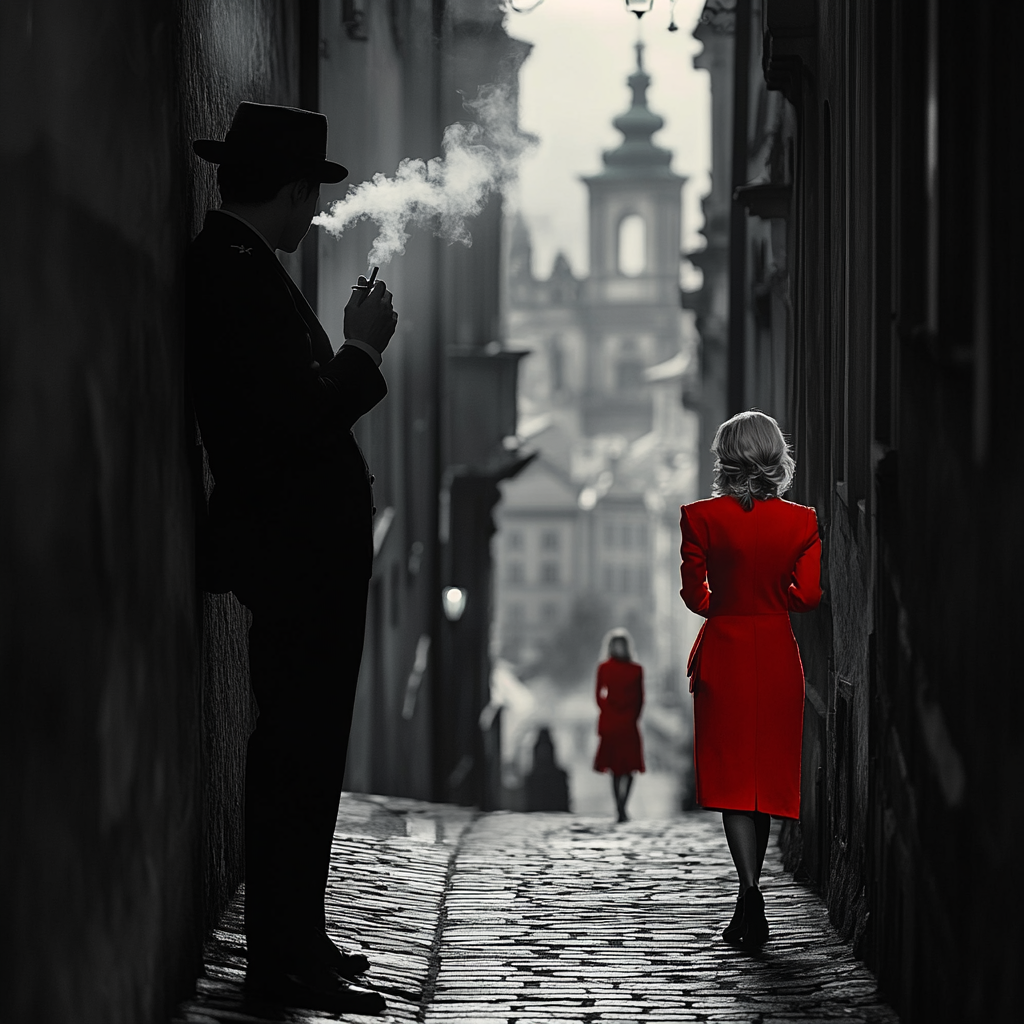 Young beautiful spy watches old Prague, smokes cigarette.