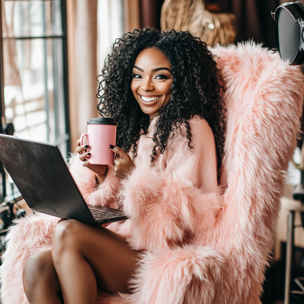 Young black woman in fur chair with coffee mug.