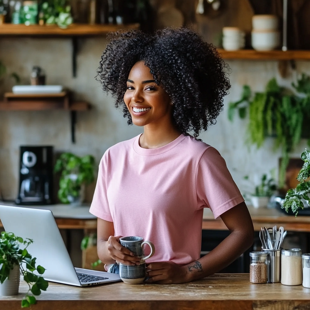 Young black woman with laptop and coffee mug smiling.