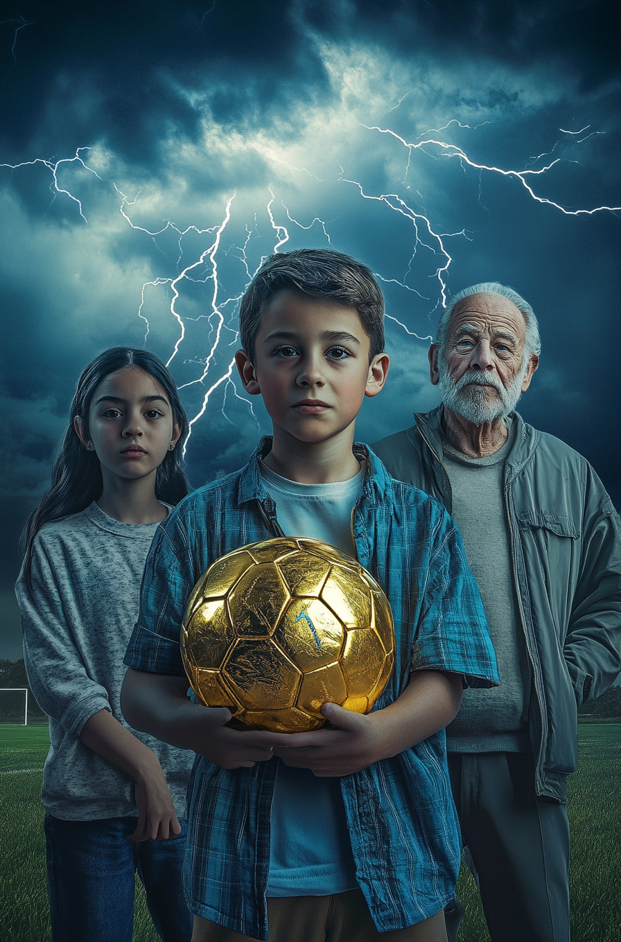 Young boy, girl, old man on soccer field. Epic lighting.