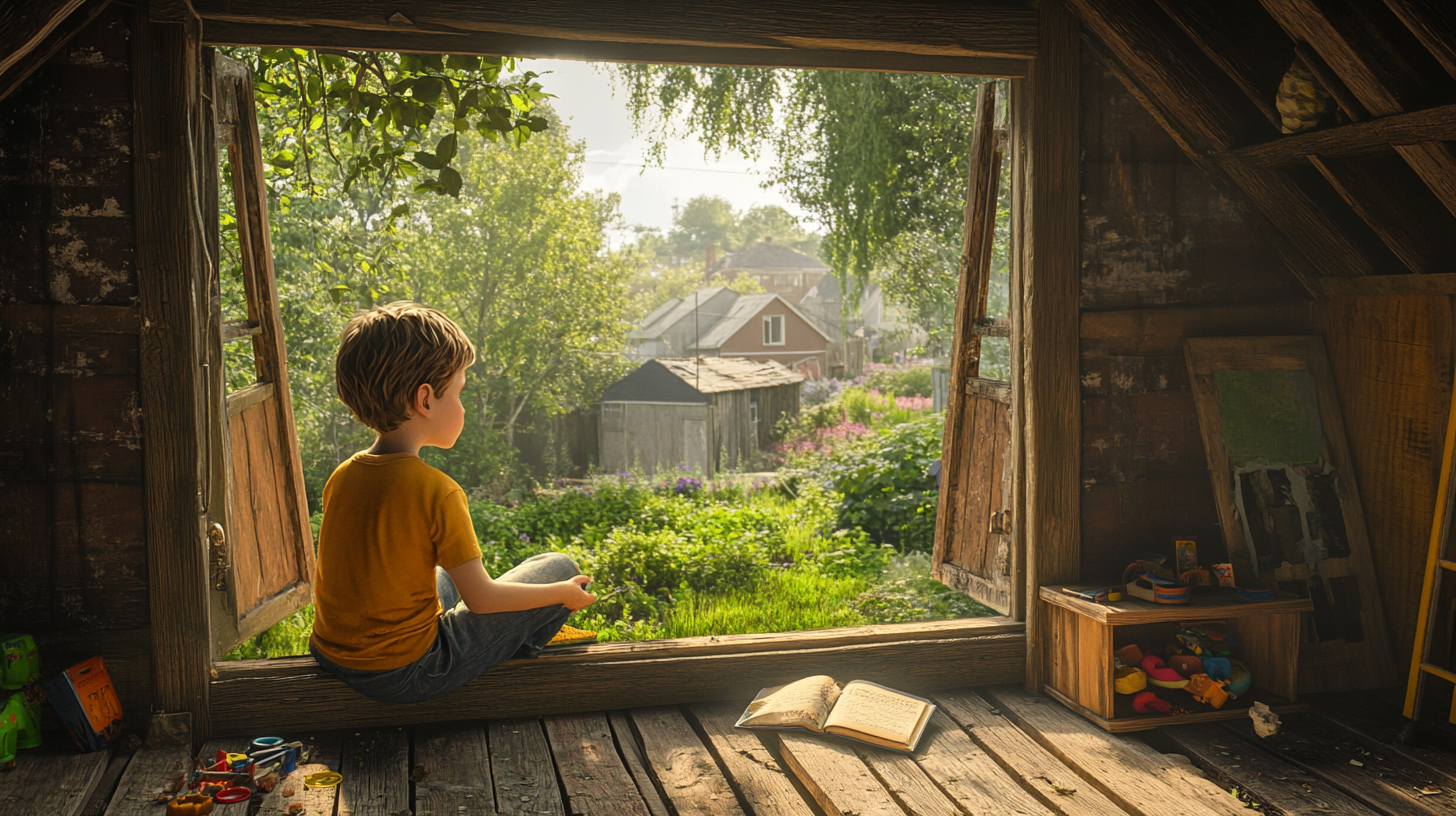 Young boy Noah looks out treehouse window sadly.