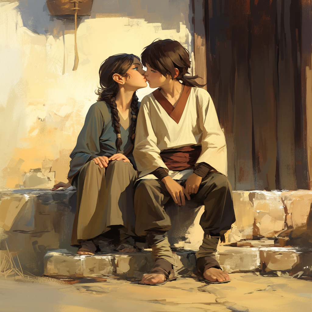 Young boy and girl kissing on porch in painting.