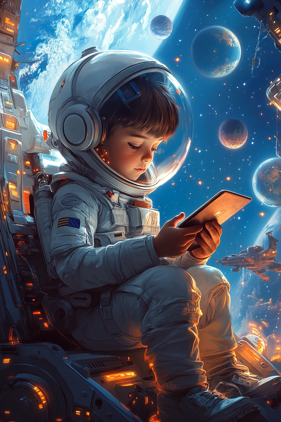 Young boy astronaut reading tablet in space station Pixar style