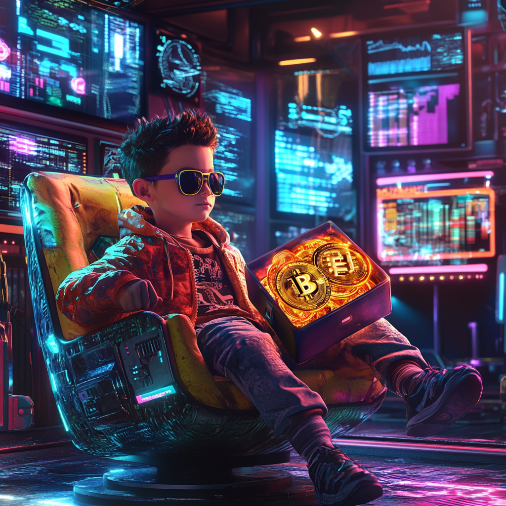 Young boy in sunglasses on colorful chair with Bitcoin.